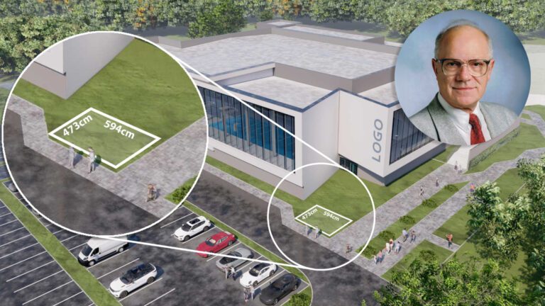 Render 3D przedstawiający obiekt z zaznaczonym miejscem i rozmiarem pomnika